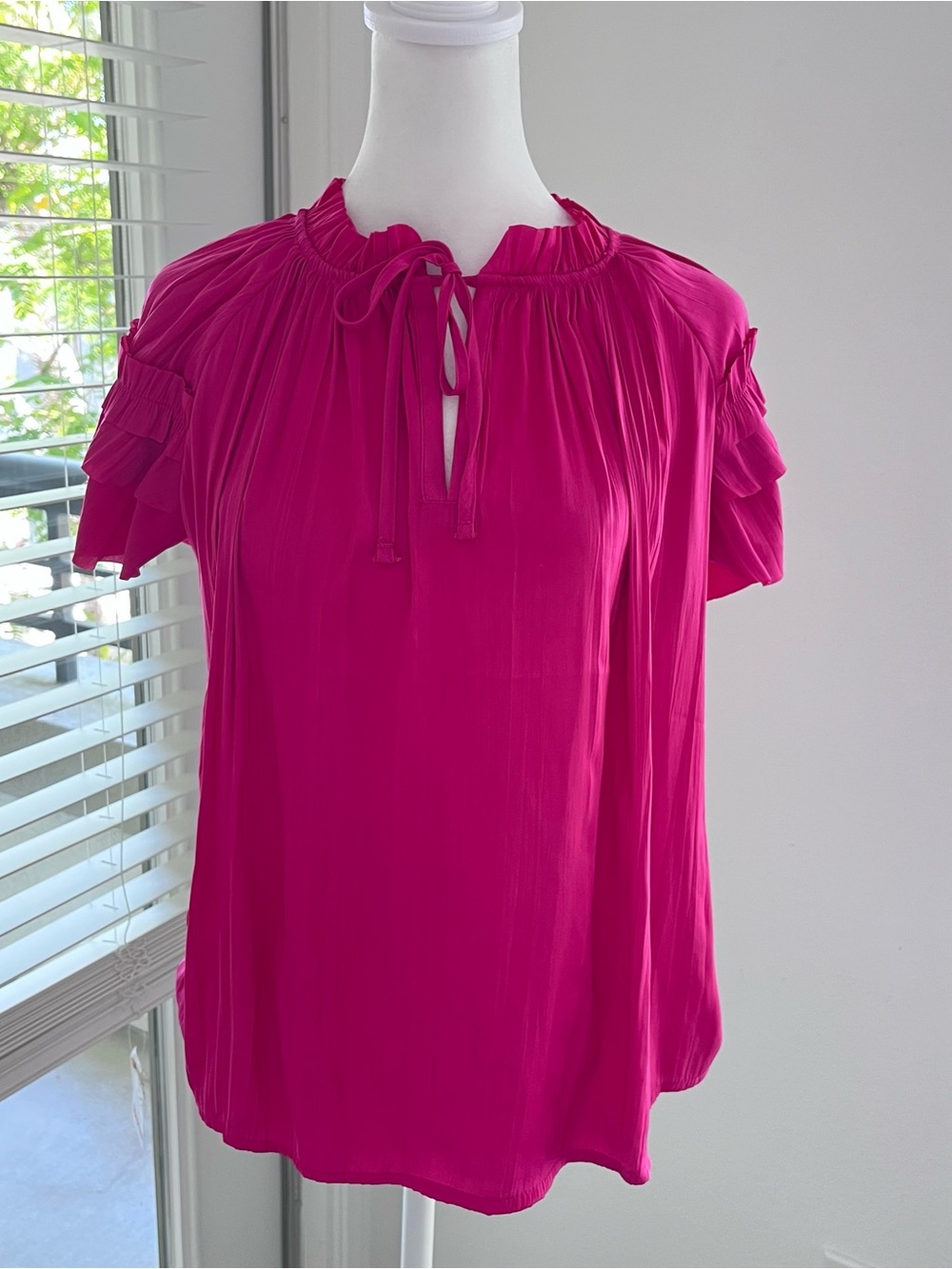 Catherine Malandrino Vibrant Fuchsia Tie-Neck Ruffle Sleeve Blouse